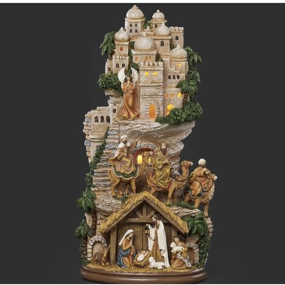 ROMAN Lighted Nativity Scene with Hillside and Palm Detail...